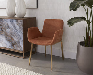 Sunpan Lucano Dining Armchair - Elegant Scooped Design with Vertical Channel Tufting and Gold Legs Belfast Rust