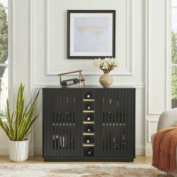 English Elm Mid Century Fluted Buffet Sideboard with Integrated Wine Rack and Glass Holder Storage Black W1801P454198