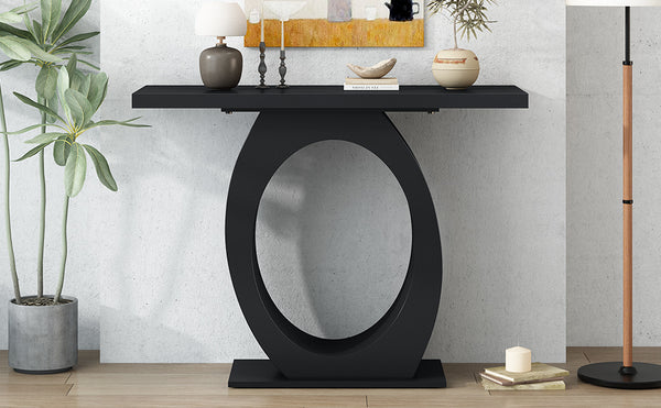English Elm Mirod Sculptural Console Table Acacia Veneer Gloss Top Egg Base Entryway Accent Black N760P214780B