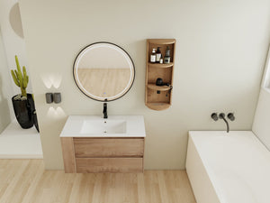 English Elm 36" Wall-Mounted Bathroom Vanity With Ceramic Sink, Dual Soft-Close Drawers & Side Rack Storage, Durable KD Packing W999S00344