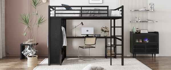 English Elm Full Size Loft Bed Frame With Wardrobe, Desk & Storage Shelves - Modern Black Metal Design W1580S00120