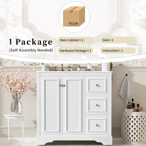 English Elm 36'' Transitional Bathroom Vanity with Ceramic Sink, Solid Wood Frame, Adjustable U-Shelf & Soft-Close Doors White N729P292966K