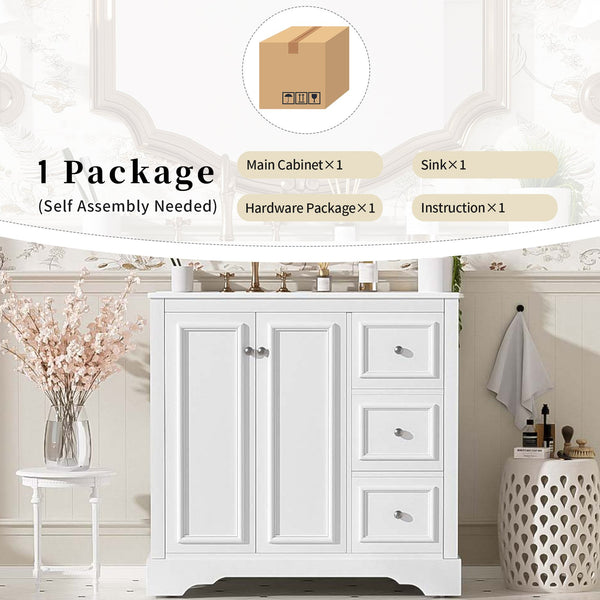 English Elm 36'' Transitional Bathroom Vanity with Ceramic Sink, Solid Wood Frame, Adjustable U-Shelf & Soft-Close Doors White N729P292966K