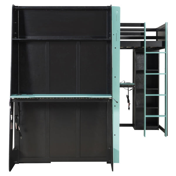 English Elm L-shaped Gaming Loft Bunk Bed Twin Wood Frame Rgb Lighting Usb Ports Storage Shelves Blue LT000295AAC