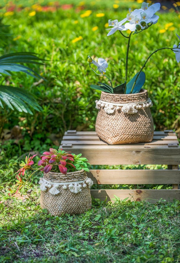 English Elm Set Of 2 Stylish 6.5" Brown Cement Planters With Woven Tassels - Perfect For Small Plants & Decor! W2078P326608-GIGA