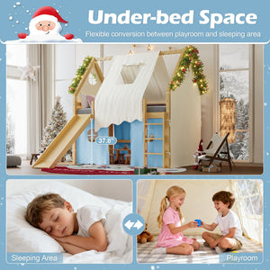 English Elm Full Size Pine Loft Bed with Slide Tent Panels Led Lights and Play Space Below W1580S00292