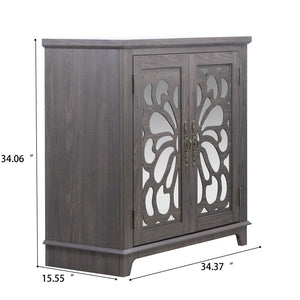 English Elm Elegant Mirrored Sideboard with Butterfly Carved Doors Wood Grain Finish Dining Storage Dark Brown W2899P372739