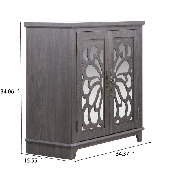 English Elm Elegant Mirrored Sideboard with Butterfly Carved Doors Wood Grain Finish Dining Storage Dark Brown W2899P372739