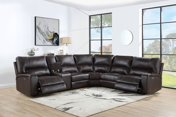 English Elm Saul Espresso Faux Leather Power Recliner Sectional Sofa with USB, Cupholders & Storage Console B2726S00123