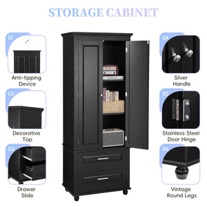 English Elm Tall Slim Storage Cabinet with Adjustable Shelves, 2 Drawers & Doors, Anti-Tip Design for Bathroom Black WF299284AAB