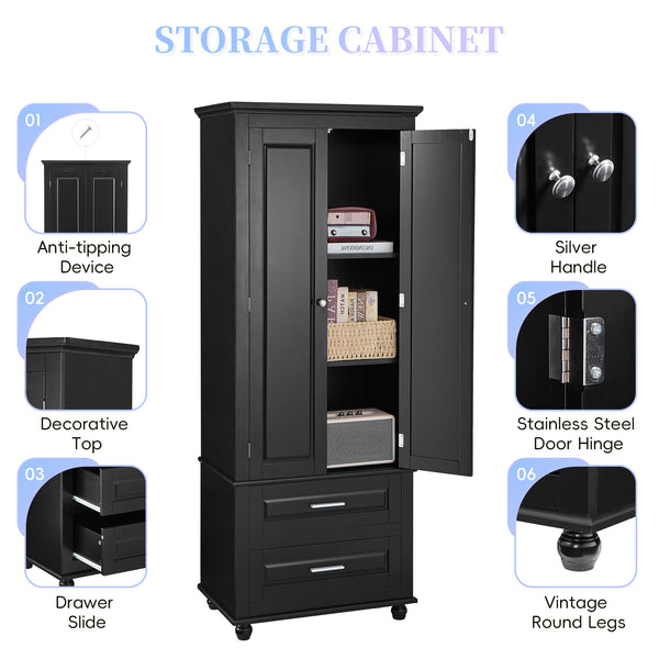 English Elm Tall Slim Storage Cabinet with Adjustable Shelves, 2 Drawers & Doors, Anti-Tip Design for Bathroom Black WF299284AAB