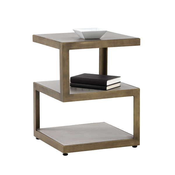 Sunpan Rubix End Table - Modern Tiered Side Table with Unique Concrete Design and Antique Brass Frame