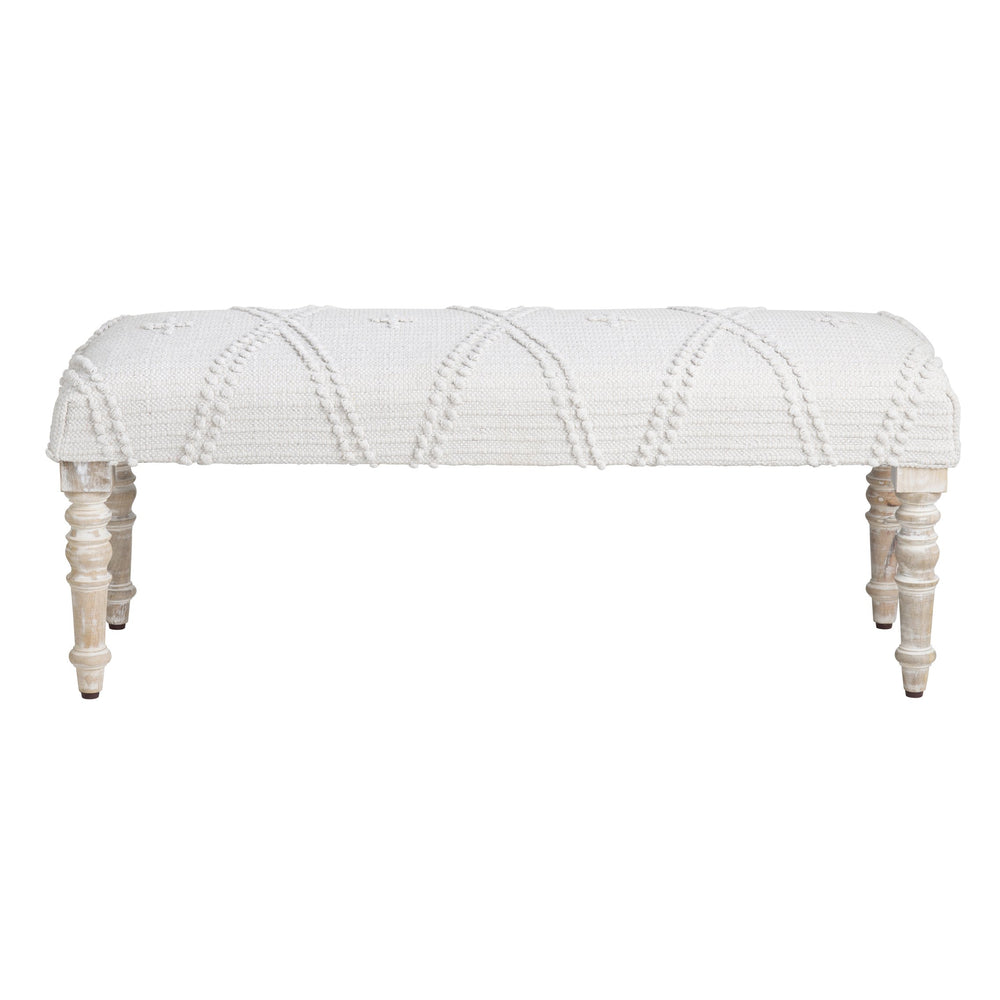Crestview Collection Traditional Upholstered Accent Bench - Creamy White Cotton, Tufted Pattern, Rustic Mango Wood Legs White Solid Wood Cvfnr4233