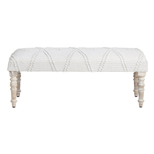 Crestview Collection Traditional Upholstered Accent Bench - Creamy White Cotton, Tufted Pattern, Rustic Mango Wood Legs White Solid Wood Cvfnr4233