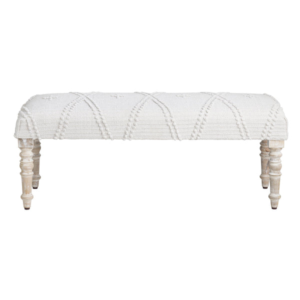 Crestview Collection Traditional Upholstered Accent Bench - Creamy White Cotton, Tufted Pattern, Rustic Mango Wood Legs White Solid Wood Cvfnr4233