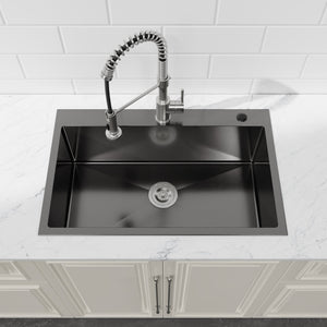 English Elm Stainless Steel Handmade Matte Black Single Bowl Overmount Kitchen Sink Deep Basin T3177P370629