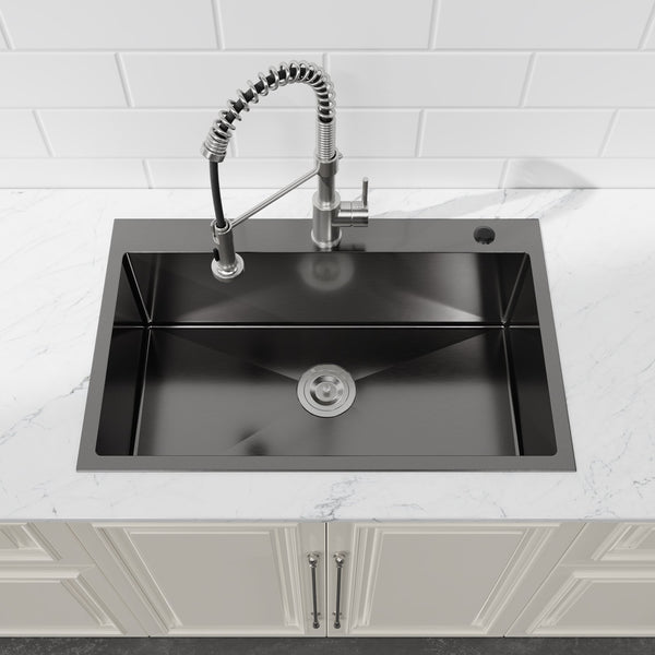 English Elm Stainless Steel Handmade Matte Black Single Bowl Overmount Kitchen Sink Deep Basin T3177P370629