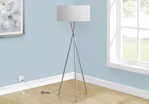 English Elm Lighting, Nickel 62" Tripod Floor Lamp with Grey Fabric Shade, 3-Way Dimmer, Modern Accent B2710P221314
