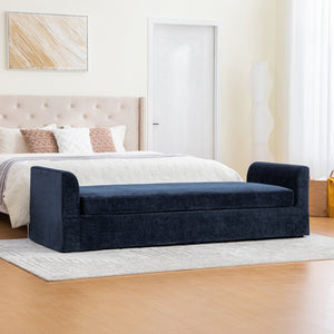English Elm 88.58" Wide Chenille Upholstered Bench with Curved Armrests and Bolster Pillows for Bedroom Navy W3189S00029