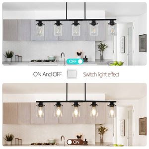 English Elm 37" Modern Industrial 5-Light Chandelier with Clear Glass Shades, Matte Metal Frame, Adjustable Hanging Fixture for Dining Room Kitchen Island Living Areas Black W2312P368677