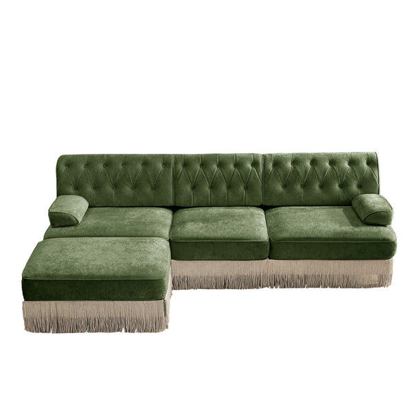 English Elm 3-seater Velvet Modular Sectional with Button Tufting Tassel Skirt and Wooden Base Green W714S01706