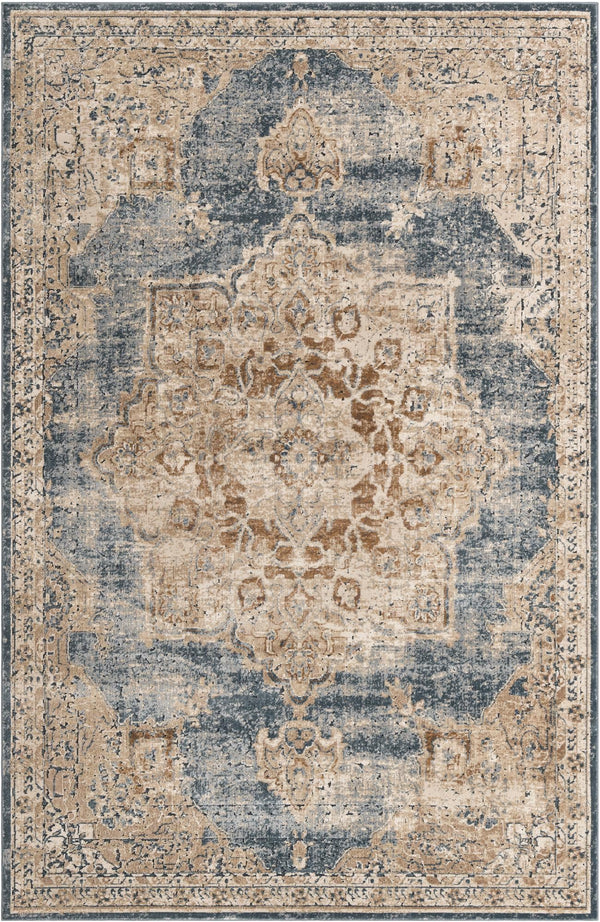 Unique Loom Chateau Roosevelt Machine Made Border Rug Slate Blue, Beige/Brown/Cream/Gray/Tan/Ivory 6' 1" x 9' 0"