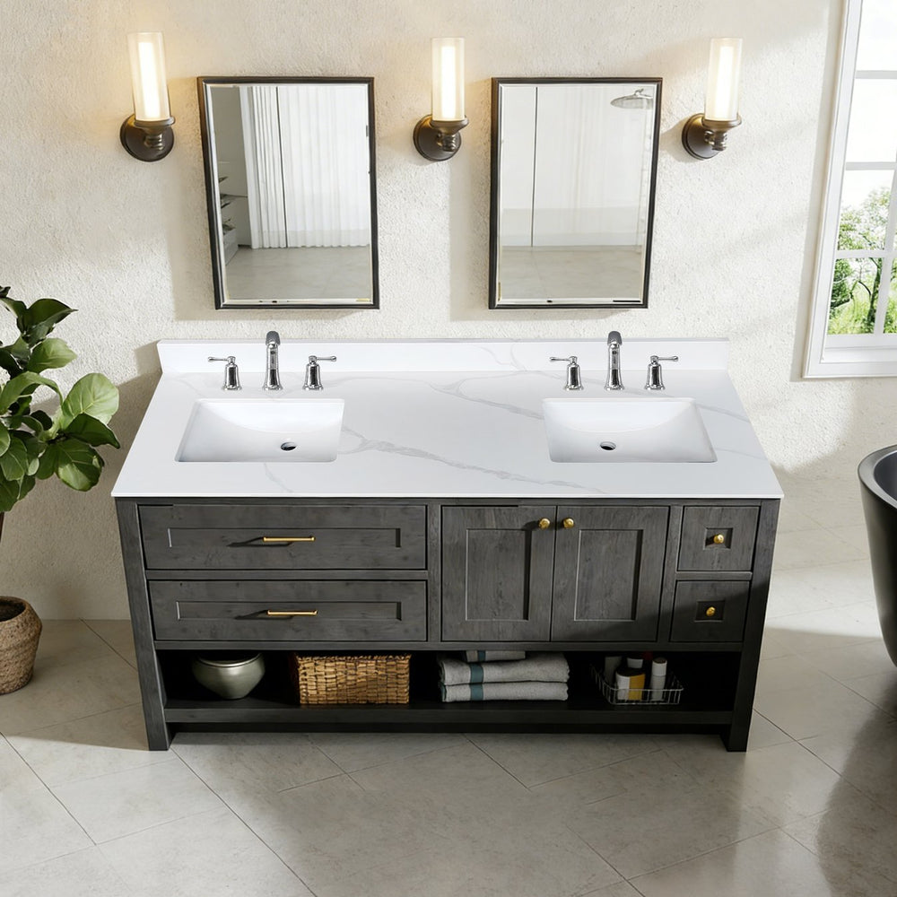 English Elm 61-inch Carrara Quartz Vanity Top Undermount Sink Backsplash Stain Resistant Bath W2699P459411
