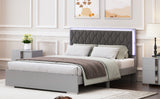 English Elm Queen Size Upholstered Bed With Led Lights,Modern Platform Bed With Velvet Headboard,Grey