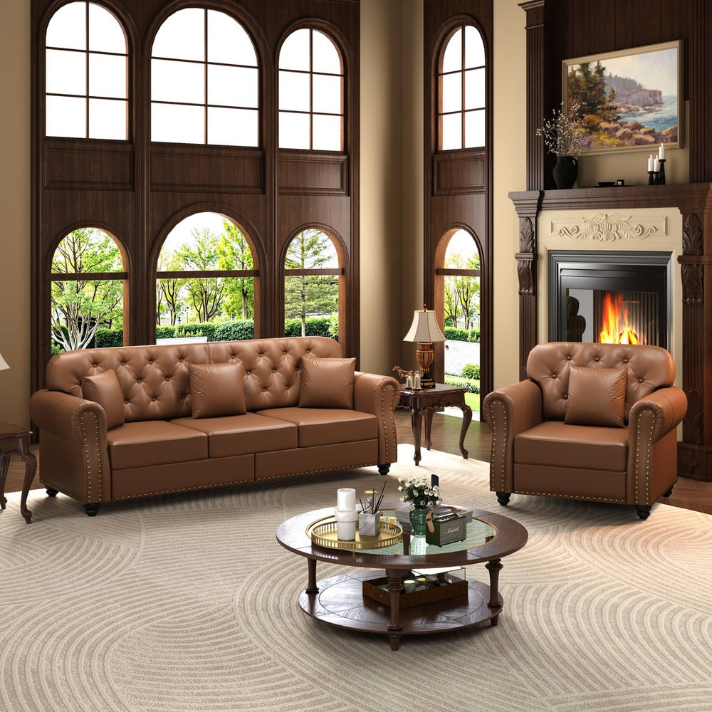 English Elm Upholstered Faux Leather Chesterfield Sofa Mid-century Tufted Nailhead Trim 3 Seater Brown W1885S00435
