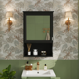 English Elm 20'' Half-Moon Wall Medicine Cabinet with Mirror, Solid Wood Frame, Soft-Close Hinges, Space-Saving Elegance Black N710P313827B