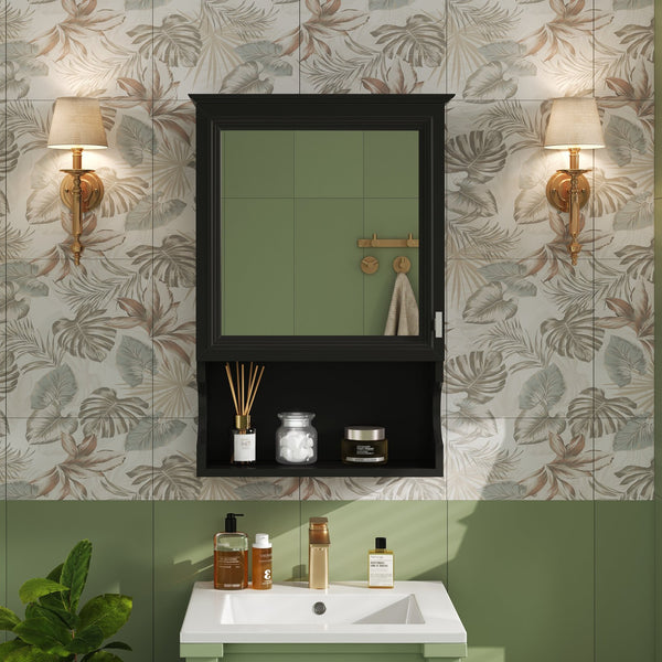 English Elm 20'' Half-Moon Wall Medicine Cabinet with Mirror, Solid Wood Frame, Soft-Close Hinges, Space-Saving Elegance Black N710P313827B