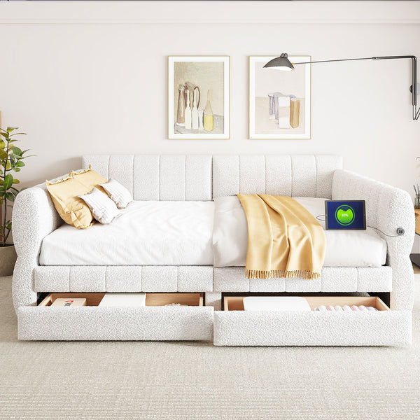 English Elm Queen Lambswool Platform Bed with Usb Charging Armrests and Under Storage Drawers White N7500000601K