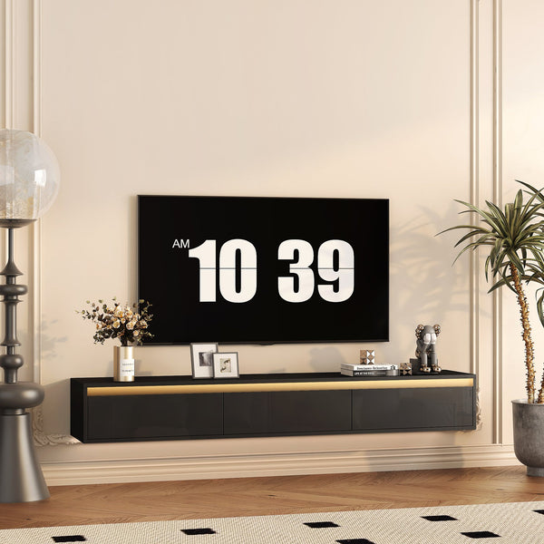 English Elm Floating Wall TV Stand with LED Touch Light, High-Gloss Black Cabinet, 3 Plugs 2 USB Ports, Cord Management W1321P176417
