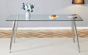 English Elm Modern Tempered Glass Dining Table Seats Six with Sleek Silver Legs for Open Spaces W1151S03176