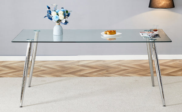 English Elm Modern Tempered Glass Dining Table Seats Six with Sleek Silver Legs for Open Spaces W1151S03176