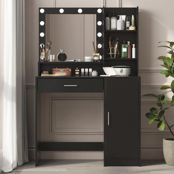 English Elm Vanity LED Mirror Dressing Table with 12 Bulbs, Adjustable 3-Mode Brightness and Large Drawer Storage Black W3457P336677