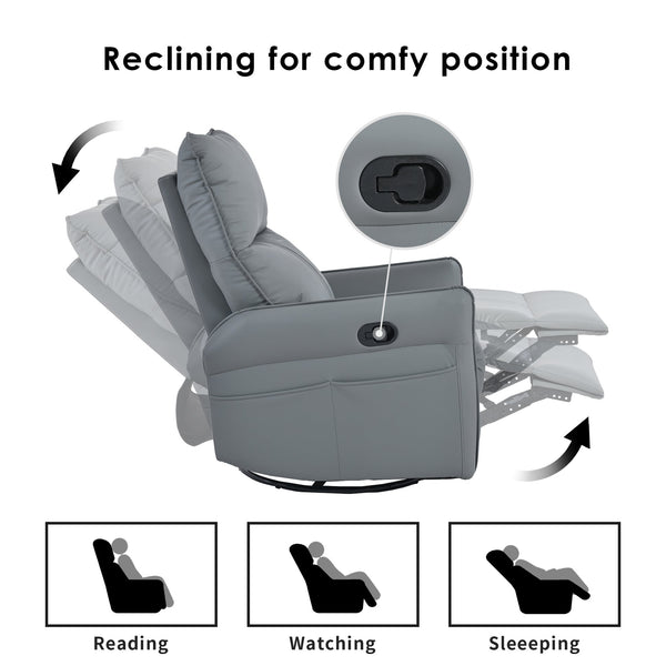English Elm Rocker Recliner Chair 360° Swivel Glider with 90–150° Recline, 30° Rocking, Side Pocket, Blue-Gray W1028P193666