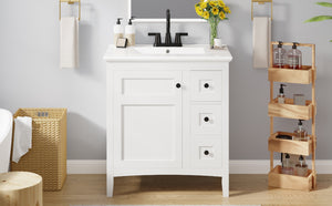 English Elm 30 Inch Bathroom Vanity with Ceramic Sink and 3 Smooth-Glide Drawers, Modern Moisture-Resistant Storage White N710P252105K