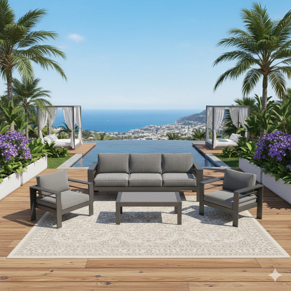 English Elm 4-piece Aluminum Outdoor Conversation Set with Rust-proof Matte Frame and Wpc Coffee Table Dark Grey B082S00090