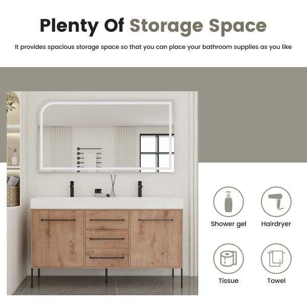 English Elm 60" Freestanding Double Sink Bathroom Vanity with Soft-close Doors and Three Drawers W999S00528