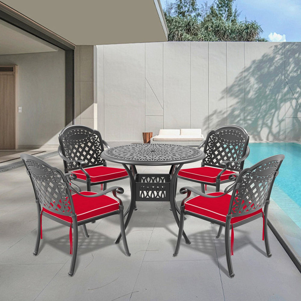 English Elm 5-Piece Elegant Cast Aluminum Patio Set With Red Cushions For Stylish Outdoor Dining & Relaxation W1710S00052