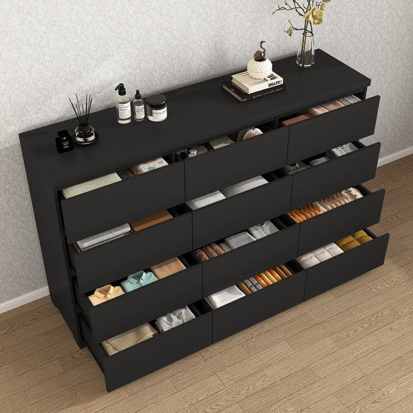 English Elm 12 Drawer Wide Double Dresser Modern Symmetrical Wood Storage Chest for Bedroom Black W409S00016
