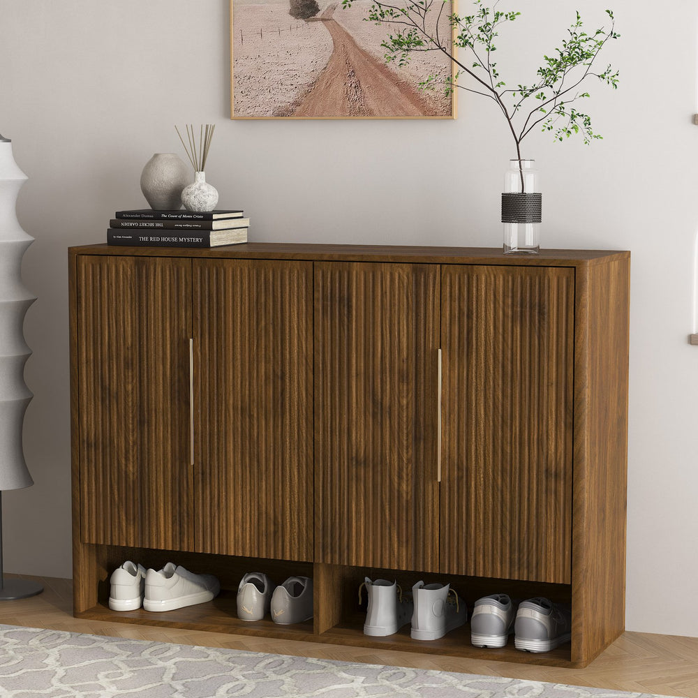 English Elm Shoe Cabinet with Four Doors Adjustable Shelves Entryway Organizer Modern Storage Unit W1321S00041