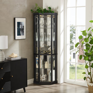 English Elm Lighted Corner Curio Cabinet Black with Built-In Lighting, Adjustable Glass Shelves, Anti-Tip Safety (90") W2275P292656