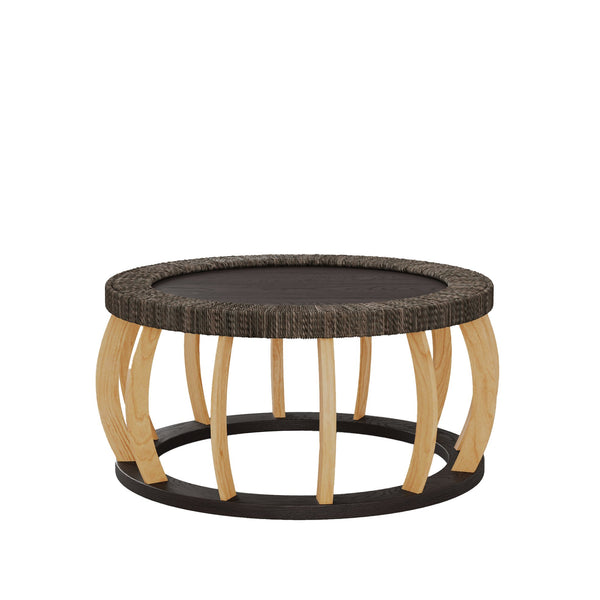 English Elm 35.43"vintage Woven Rattan Round Coffee Table Curved Wood Legs Boho Living Room W757P445115