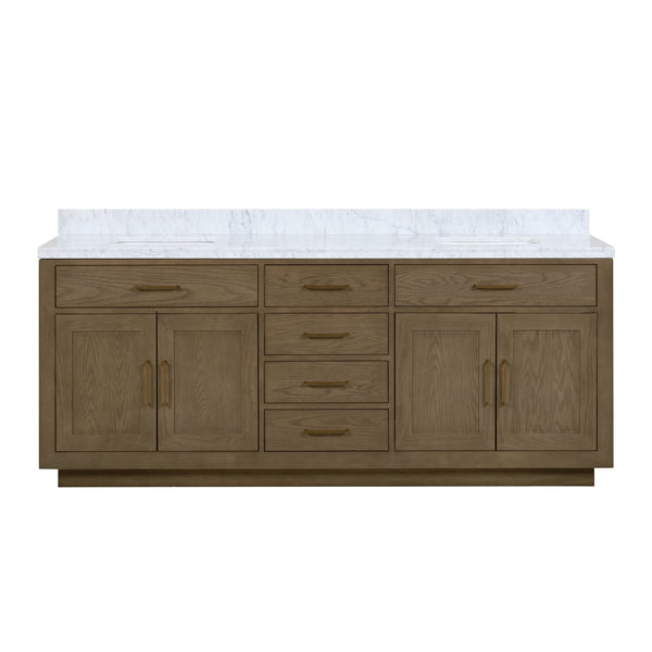 English Elm Grey Oak Double Bath Vanity 84" W X 22" D With Luxurious Carrara Marble Top & Soft-Close Drawers B2731P257860