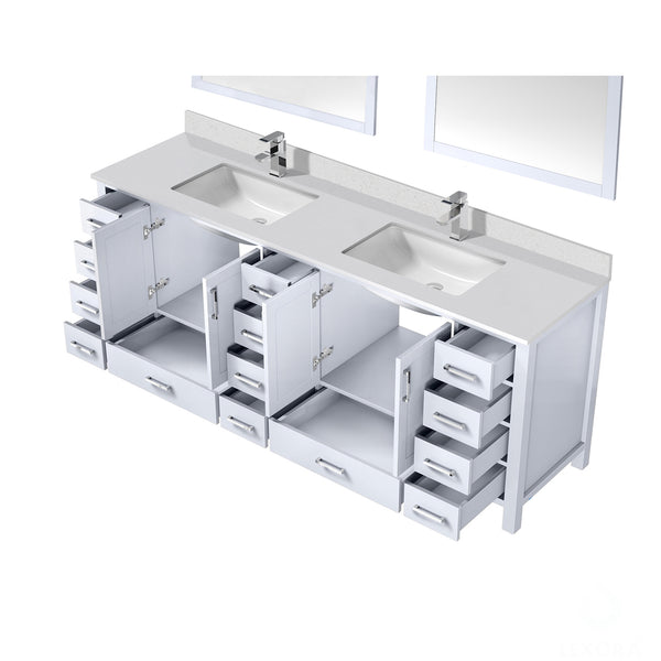 English Elm White Double Bath Vanity 84" W x 22" D with Scratch-Resistant Cultured Marble Top, Chrome Faucet & 34" Mirror B2731S01113