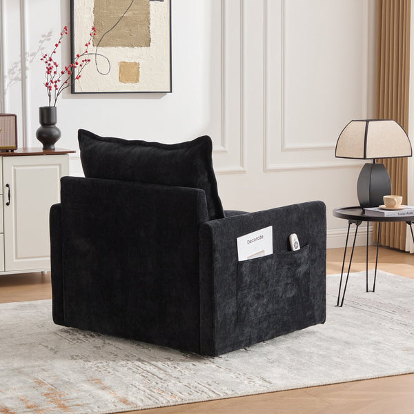 English Elm UNITED Swivel Barrel Chair with Chenille Upholstery, 360° Smooth Rotation, Padded Arm Comfort and Side Pockets for Living Room Relaxation Black W1568P290088