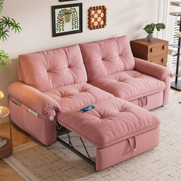 English Elm It 77-inch convertible velvet sofa bed, 2-in-1 loveseat to guest bed with steel frame, high-resilience foam comfort Pink W3820S00016