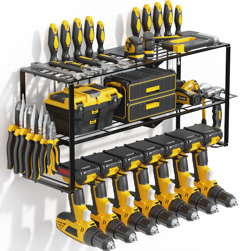 English Elm Heavy Heavy Duty Metal Power Tool Organizer 7-Drill Garage Rack 150lb Capacity Black Shelf Pegboard Friendly 25.98x7.48x12.2" W2181P351801
